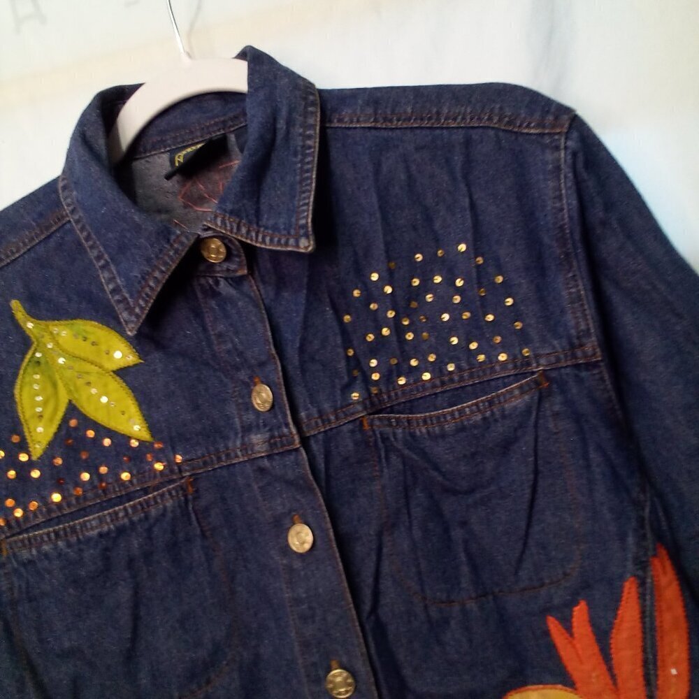 Lighthouse Apparel Jacket Women M Denim Flower Patches Sequins Button Up - Picture 9 of 15